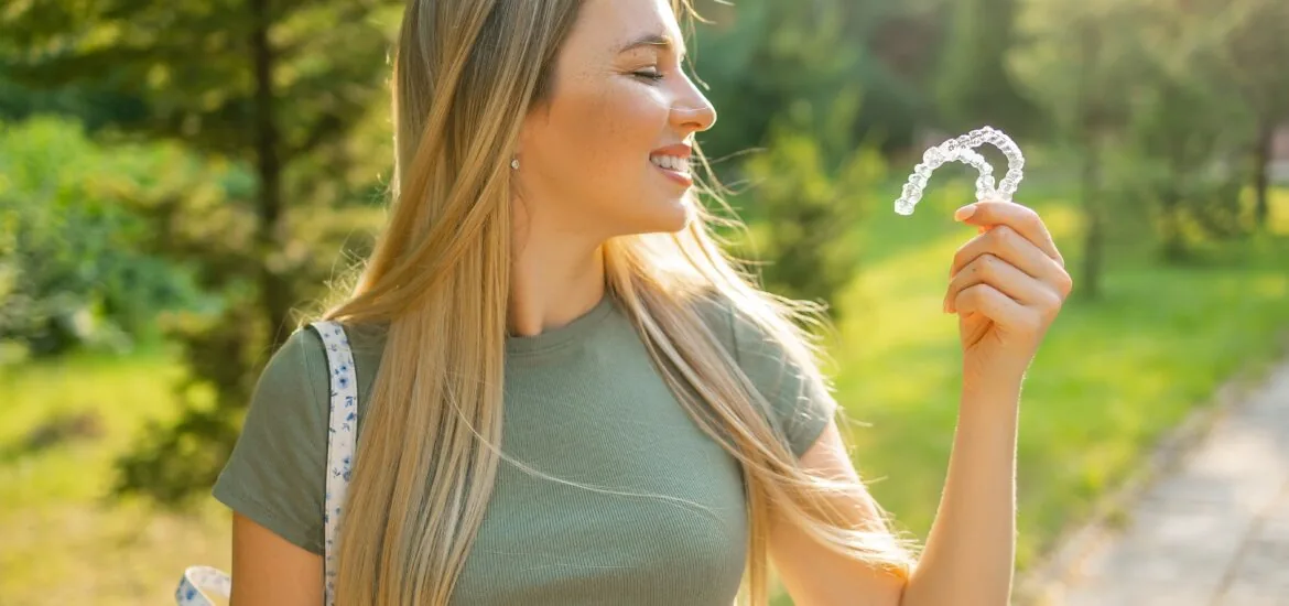 side view of a young woman outdoors, holding clear aligners